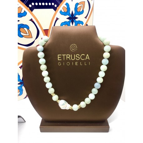 Collana girocollo Etrusca da donna sfere turchese lega bronzo placcato oro 18 kt